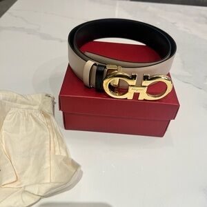 Ferragamo Gold Buckle Belt - Black and Cream reversible belt